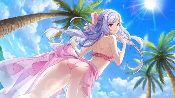 1girl :q alexia_midgar ass back bikini blue_sky bow braid clothes_lift coconut_tree day floating_hair from_behind from_below game_cg grey_hair hair_bow half_up_braid halterneck highres holding_sarong kage_no_jitsuryokusha_ni_naritakute! kage_no_jitsuryokusha_ni_naritakute!_master_of_garden looking_at_viewer looking_back looking_down non-web_source official_alternate_costume official_alternate_hairstyle outdoors palm_tree pink_bikini pink_bow pink_sarong pointing pointing_at_self red_eyes sarong sarong_lift side_braid sky smile solo standing sun swept_bangs swimsuit teasing tongue tongue_out tree v-shaped_eyebrows