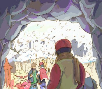 Rule 34 | !, 1990s (style), 3boys, arcanine, blue oak, charizard, dual persona, gen 1 pokemon, hat, ivysaur, male focus, multiple boys, multiple persona, nintendo, pikachu, poke ball, pokemon, pokemon (creature), pokemon gsc, pokemon rgby, red (pokemon), retro artstyle, snorlax, snow, snowing, talking, tom5, venusaur