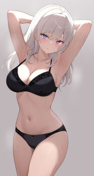 1girl :q absurdres armpit_focus armpits black_bra black_panties blue_eyes blush bra breasts cleavage commentary_request cowboy_shot eikawa_suru grey_hair heterochromia highres lingerie long_hair looking_at_viewer navel original panties presenting_armpit purple_eyes simple_background smile solo sweat sweatdrop tongue tongue_out underwear underwear_only