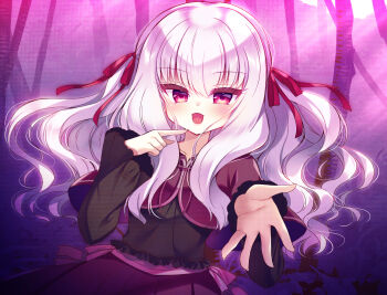 1girl :d black_shirt capelet collarbone commentary_request finger_to_mouth gore_screaming_show grey_hair hair_between_eyes hair_ribbon hand_up highres long_hair looking_at_viewer open_mouth outstretched_arm pleated_skirt purple_capelet purple_skirt red_eyes red_ribbon ribbon shirt skirt smile solo suzunone_rena very_long_hair yuka_(gore_screaming_show)