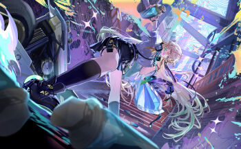 1girl ankle_boots black_boots black_skirt black_socks blowing_bubble_gum boots bracelet chewing_gum commentary_request earrings gradient_necktie gyaru headphones headphones_around_neck highres hitokoto id_card jewelry kneehighs long_hair looking_at_viewer lynae_(wuthering_waves) necktie ring shirt shirt_tucked_in skirt socks solo thigh_strap very_long_hair white_shirt wuthering_waves