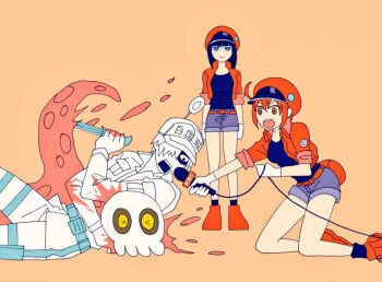 >_< 1boy 2girls :| ae-3803 ahoge bacteria baseball_cap black_eyes black_hair black_legwear black_shirt blood blood_on_clothes blunt_bangs bob_cut breasts bright_pupils brown_eyes cable closed_mouth collared_shirt colored_skin commentary completely_unamused cropped_jacket excited expressionless fighting gloves grey_shorts hair_between_eyes hair_over_one_eye hat hataraku_saibou holding holding_knife holding_microphone holding_weapon holster interview jacket jitome kneeling knife looking_at_viewer lying lying_on_another medium_breasts medium_hair microphone multiple_girls newsboy_cap nt-4201 omochi_(kiddy0508) open_mouth orange_background pants pocket rectangular_mouth red_blood_cell_(hataraku_saibou) red_footwear red_hair red_headwear red_jacket reporter shaded_face shirt shoes short_hair short_shorts shorts shouting sign simple_background skull socks standing tentacles thigh_holster translated u-1146 unamused uniform weapon white_blood_cell_(hataraku_saibou) white_gloves white_hair white_headwear white_shirt white_skin yellow_eyes