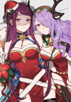 2girls absurdres animal_ears antlers bare_shoulders blue_cape breasts brown_capelet camilla_(fire_emblem) camilla_(flurry_embrace)_(fire_emblem) candle candlestand cape capelet cleavage closed_mouth collarbone commentary_request deer_ears dress fake_animal_ears fake_antlers fire fire_emblem fire_emblem_engage fire_emblem_fates fire_emblem_heroes flower fur-trimmed_capelet fur-trimmed_dress fur-trimmed_headwear fur_trim gloves hair_over_one_eye hairband hat highres holding holding_candle holly horns ivy_(fire_emblem) ivy_(flurry_embrace)_(fire_emblem) large_breasts leaf long_hair looking_at_viewer mole mole_under_mouth multiple_girls nintendo official_alternate_costume purple_eyes purple_hair red_dress red_hat reindeer_antlers santa_costume santa_dress santa_hat shamu_(peach11_01) skindentation smile thighs wavy_hair white_gloves