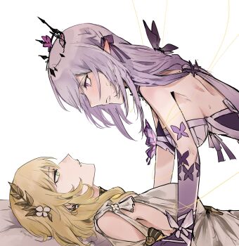 2girls absurdres aglaea_(honkai:_star_rail) ancient_greek_clothes black_tiara blonde_hair breasts castorice_(honkai:_star_rail) commentary dress elbow_gloves flower gloves greco-roman_clothes green_eyes hair_flower hair_ornament highres honkai:_star_rail honkai_(series) large_breasts laurel_crown long_hair looking_at_another lying multiple_girls on_back on_bed pointy_ears purple_eyes purple_gloves purple_hair short_hair sideboob silver_(holysilverz) simple_background thread tiara white_background white_dress yuri