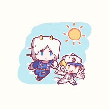 Rule 34 | 2boys, afterimage, baseball cap, baseball uniform, belt, blonde hair, blue eyes, chibi, chibi only, commentary request, emporio alnino, full body, fur hat, hat, highres, horned hat, jojo no kimyou na bouken, kasasagi (hinagi), long sleeves, male focus, motion lines, multiple boys, open mouth, outstretched arms, pointing, short sleeves, sportswear, stone ocean, sun, sweat, waving arm, weather report, yellow eyes