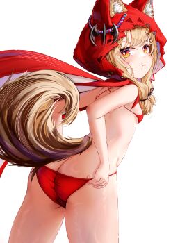 1girl absurdres animal_ears arknights arknights:_endfield ass bikini blonde_hair breasts butt_crack commentary_request ears_through_hood from_behind highres nekodama2000 orange_eyes pout red_bikini red_hood rossi_(arknights) short_hair_with_long_locks simple_background small_breasts solo swimsuit tail thighs white_background wolf_ears wolf_tail