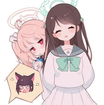 3girls ahoge airi_(blue_archive) angry animal_ears aqua_bow aqua_bowtie aqua_halo arms_behind_back behind_another blue_archive blunt_bangs blush bow bowtie brown_hair cat_ears chibi chibi_inset closed_eyes colored_inner_hair cowboy_shot derivative_work drink_carton drinking flying_sweatdrops food-themed_hair_ornament grey_sailor_collar hair_ornament halo head_tilt holding holding_milk_carton ice_cream_hair_ornament jitome kazusa_(blue_archive) looking_at_viewer milk_carton multicolored_hair multiple_girls natsu_(blue_archive) open_mouth pink_hair pink_halo sailor_collar school_uniform screenshot_redraw shirt short_twintails side_ponytail simple_background skirt tonikaku_kaku twintails two_side_up v-shaped_eyes white_background white_shirt white_skirt