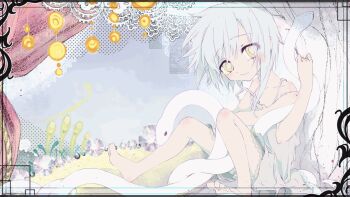 1girl animal animated animated_gif barefoot blinking closed_mouth collarbone dress eyelashes highres long_hair looking_at_viewer looping_animation nomura_kitan original sitting snake solo strap_slip tree under_tree white_dress white_hair white_snake yellow_eyes
