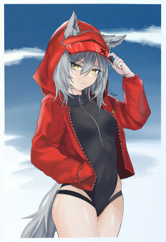 1girl absurdres animal_ears arknights black_one-piece_swimsuit breasts casual_one-piece_swimsuit commentary ears_through_headwear ears_through_hood english_commentary grey_hair hair_between_eyes hand_in_pocket highres hood hood_up hooded_jacket jacket jacket_over_swimsuit long_sleeves looking_at_viewer official_alternate_costume one-piece_swimsuit open_clothes open_jacket projekt_red_(arknights) projekt_red_(light_breeze)_(arknights) red_jacket solo swimsuit tail visgate wolf_ears wolf_girl wolf_tail yellow_eyes