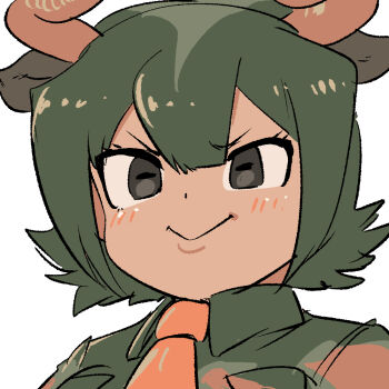 Rule 34 | 1girl, animal ears, aurochs (kemono friends), black eyes, blush, camouflage, camouflage shirt, closed mouth, cow ears, cow girl, cow horns, extra ears, green hair, green shirt, horns, kemono friends, looking at viewer, mcgunngu, necktie, orange necktie, shirt, short hair, simple background, solo, upper body
