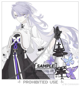 Rule 34 | 1girl, black dress, black gloves, border, bug, butterfly, butterfly brooch, chain, closed mouth, collared jacket, commentary, commission, cowboy shot, cropped jacket, cross, curtained hair, dress, earrings, expressionless, eyebrow piercing, face piercing, gloves, hair between eyes, highres, holding, holding chain, holding lantern, infinity symbol, insect, jacket, jewelry, lantern, lip piercing, long hair, looking at viewer, mao mao wansui, original, piercing, purple butterfly, purple eyes, purple hair, purple ribbon, ribbon, sample watermark, sideways glance, simple background, single earring, sleeve garter, solo, standing, swept bangs, symbol-only commentary, tassel, three-quarter sleeves, very long hair, watermark, weibo watermark, white background, white border, white butterfly, white jacket, white ribbon, wide sleeves, wolf cut