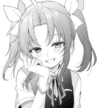 1girl dress_shirt gloves greyscale hand_on_own_face hikobae kagerou_(kancolle) kantai_collection looking_at_viewer lowres monochrome school_uniform shirt smile solo twintails upper_body vest