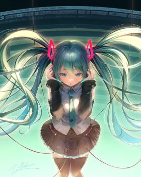 1girl aqua_eyes aqua_hair aqua_necktie bare_shoulders black_skirt black_sleeves black_thighhighs cable collared_shirt commentary_request detached_sleeves floating_hair frills hair_between_eyes hair_ornament hands_on_headphones hatsune_miku headphones highres long_hair looking_at_viewer miku_day monitor necktie number_tattoo parted_lips pleated_skirt plug shirt shoulder_tattoo signature skirt sleeveless sleeveless_shirt solo tattoo thighhighs twintails very_long_hair vocaloid yamashiro_kogane zettai_ryouiki