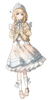 1girl :3 absurdres beanie belt_buckle blonde_hair blue_bow blue_bowtie blue_dress blush bow bowtie braid braided_twintails brown_shoes buckle closed_mouth collared_dress commentary dot_nose dress fake_wings fujita_kotone full_body gakuen_idolmaster gradient_clothes gradient_dress hair_bow hair_ornament hands_up hat heart heart-shaped_buckle heart_hair_ornament highres holding_strap idolmaster jacket kneehighs long_hair long_sleeves looking_at_viewer migolu musical_note petticoat pom_pom_(clothes) pom_pom_beanie shoes simple_background socks solo standing swept_bangs symbol-only_commentary twin_braids twintails white_background white_dress white_hat white_socks white_wings wings yellow_eyes yellow_jacket