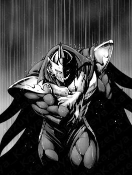 1boy abs cape demon highres kazeya_kazuya kinnikuman large_pectorals looking_at_viewer manly mask monster_boy muscular open_mouth pectorals rain satan_(kinnikuman) sharp_teeth teeth wrestling_outfit