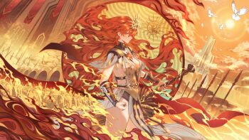 1girl absurdres ancient_greek_clothes arm_armor armor augusta_(wuthering_waves) breastplate breasts chinese_commentary clenched_hand closed_mouth commentary_request dress earrings from_side greatsword greco-roman_clothes headgear highres holding holding_sword holding_weapon jewelry medium_breasts orange_eyes orange_hair orange_theme profile sagi_(sagi_0116) sideways_glance solo sun_earrings sword weapon white_dress wuthering_waves