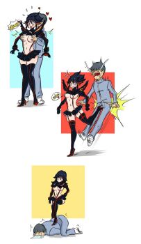 1boy 1girl angry ball_busting crotch_kick grabbing_another's_breast groping heart high_heels highres kicking kill_la_kill lying matoi_ryuuko ocigart on_stomach skirt stepping_on_back strap