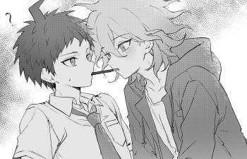 Rule 34 | 2boys, ?, absurdres, ahoge, blush, breast pocket, collared shirt, commentary request, danganronpa (series), danganronpa 2: goodbye despair, drawstring, eye contact, face-to-face, food, food in mouth, greyscale, highres, hinata hajime, hood, hood down, hooded jacket, imminent pocky kiss, jacket, komaeda nagito, korean commentary, looking at another, male focus, monochrome, multiple boys, necktie, pocket, pocky, pocky in mouth, shirt, short hair, short sleeves, sslloowwll, upper body, yaoi