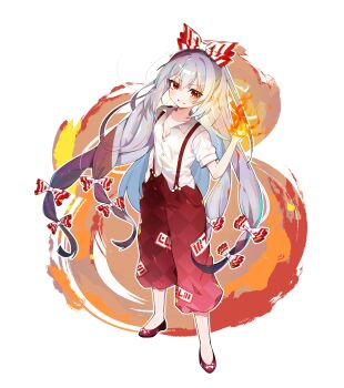 1girl absurdres bow breasts cleavage collared_shirt commentary fire fujiwara_no_mokou full_body grey_hair hair_bow hand_in_pocket highres long_hair long_sleeves multiple_hair_bows ofuda ofuda_on_clothes pants puffy_short_sleeves puffy_sleeves pyrokinesis red_eyes red_pants red_shoes shirt shoes short_sleeves sia_6767 smile solo suspenders touhou very_long_hair white_shirt