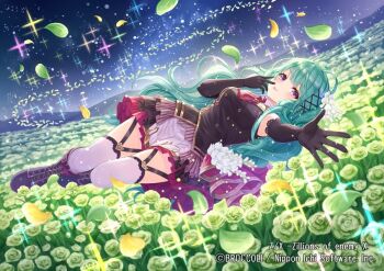 1girl black_boots black_garter_straps black_gloves black_shirt boots breasts closed_mouth copyright_notice elbow_gloves enju_(z/x) field flower flower_field frilled_skirt frills garter_straps gloves green_hair green_petals hair_ornament long_hair looking_at_viewer lying night night_sky official_art on_side outdoors purple_eyes reaching reaching_towards_viewer shirt skirt sky solo sparkle tadokoro_teppei thighhighs tongue tongue_out white_thighhighs z/x