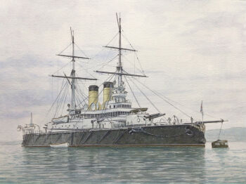 Rule 34 | 2others, atelier bono, buoy, cannon, cloud, cloudy sky, highres, imperial russian navy, mast, multiple others, ocean, original, painting (medium), rostislav (battleship), russian empire, russian navy, ship turret, silhouette, sky, smokestack, traditional media, vehicle focus, watercolor (medium)