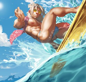1boy abs albedo_(genshin_impact) alternate_body_size bara blue_male_underwear floral_print genshin_impact hawaiian_shirt highres light_smile male_focus male_underwear medium_hair muscular muscular_male nipples nude open_clothes open_shirt pectorals penis pink_shirt shirt solo splashing sunglasses surfboard surfing teeth uncensored underwear water white_hair zenpei