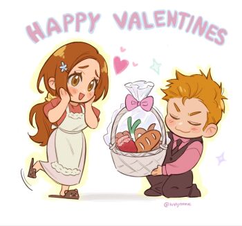 Rule 34 | 1boy, 1girl, animal slippers, apron, basket, black necktie, black pants, black vest, bleach, bleach: epilogue, blush, bow, bread, brown eyes, closed eyes, closed mouth, commentary, couple, english commentary, food, full body, gift, hair ornament, hairclip, happy valentine, heart, hetero, highres, holding, holding basket, holding gift, husband and husband, inoue orihime, kurosaki ichigo, long hair, looking at another, low ponytail, luvlyroseve, motion lines, necktie, on one knee, open mouth, orange hair, pants, pink bow, pink shirt, pink skirt, ponytail, shirt, short hair, skirt, slippers, smile, sparkle, spring onion, standing, standing on one leg, twitter username, valentine, vest, white apron
