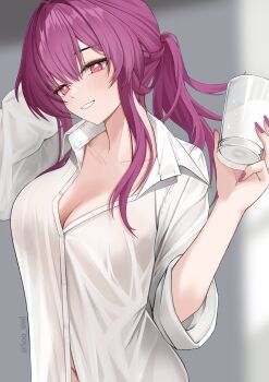 1girl absurdres blurry blurry_background blush breasts cleavage collarbone cup hand_up highres holding holding_cup honkai:_star_rail honkai_(series) kafka_(honkai:_star_rail) kebi_(soo_owl) large_breasts long_hair looking_at_viewer naked_shirt open_mouth ponytail purple_eyes purple_hair purple_nails see-through_silhouette shirt sidelocks solo upper_body white_shirt