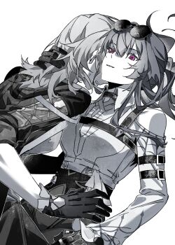 2girls clothing_cutout collared_shirt commentary english_commentary eyewear_on_head gloves greyscale hand_in_another&#039;s_hair high-waist_shorts highres honkai:_star_rail honkai_(series) jacket kafka_(honkai:_star_rail) long_hair monochrome multiple_girls parted_lips ponytail purple_eyes shirt shorts shoulder_cutout smile stelle_(honkai:_star_rail) sunglasses trailblazer_(honkai:_star_rail) xianyuqihaouki yuri