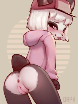 1girl anus artist_name ass blush bottomless cleft_of_venus female_focus furry furry_female hat hood hood_down hoodie loli looking_at_viewer looking_back original orphira panda_girl panda_tail pink_eyes pink_hoodie pussy smile solo standing tail tongue tongue_out uncensored white_hair