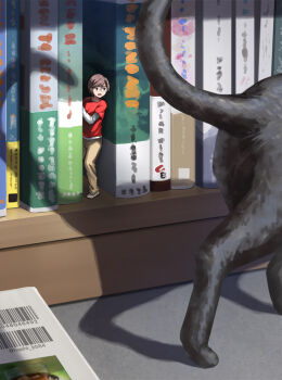 Rule 34 | 1girl, animal, barcode, black cat, book, bookshelf, cat, glasses, hashi, hiding, indoors, layered sleeves, long sleeves, mini person, minigirl, open mouth, original, pants, red shirt, shadow, shirt, short hair, short over long sleeves, short sleeves, tail, twitter username