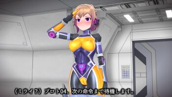 1girl 3d agent_mirai blender_(medium) blush bodysuit breasts brown_hair cameltoe corruption covered_erect_nipples covered_navel dark_persona empty_eyes gradient_hair highres impossible_bodysuit impossible_clothes large_breasts latex medium_breasts mind_control mirai_(agent_mirai) multicolored_hair orange_bodysuit pink_bodysuit pubic_tattoo purple_bodysuit purple_eyes purple_hair salute science_fiction short_hair skin_tight solo tattoo umaaji_lady_mk2