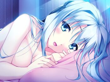 1girl bed blue_eyes blush breasts bad_tag collarbone erect! game_cg long_hair lunastia_asteel night nude piromizu ribbon silver_hair