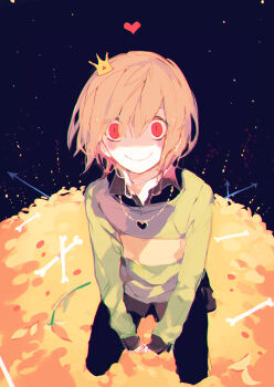 1other arms_between_legs black_background black_pantyhose bob_cut bone brown_hair brown_shorts chara_(undertale) chromatic_aberration closed_mouth collarbone collared_shirt commentary_request crown eyes_visible_through_hair field flower flower_field from_above full_body green_shirt heart heart_necklace jewelry long_sleeves mii_(chibinomi) mini_crown necklace other_focus pantyhose polearm red_eyes shirt short_hair short_shorts shorts sitting sleeves_past_wrists slit_pupils smile solo spear striped_clothes striped_shirt two-tone_shirt undertale utdr_(toby_fox) v_arms weapon wide-eyed yellow_flower yellow_shirt
