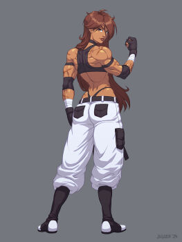 Rule 34 | 1girl, 2024, arm up, artist name, ass, black sports bra, boots, breast smother, brown lips, clenched hand, commentary, commentary request, dark skin, face piercing, face to breasts, facing away, fingerless gloves, full body, gloves, grey background, highres, jiggeh, kung fu, long hair, looking back, martial arts belt, mismatched eyebrows, mma gloves, muscular, muscular female, nose piercing, original, panties, pants, piercing, scar, scars all over, shana lastname (austonish1), solo, sports bra, t-back, tall female, tan, tetsuzankou, thong, too many, underwear