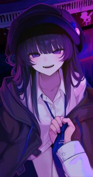 1girl absurdres beret blood blood_splatter blunt_bangs buttons clothes_grab collarbone collared_shirt hair_between_eyes hat highres jacket jacket_partially_removed karou_(lhscck302) long_hair looking_at_viewer necktie necktie_grab neckwear_grab open_mouth original partially_unbuttoned purple_eyes purple_hair shirt sidelocks smile solo_focus teeth thighs upper_teeth_only very_long_hair white_shirt white_wrist_cuffs wrist_cuffs