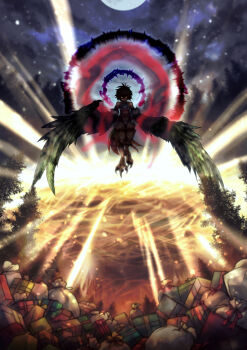 1girl aurora bird_legs bird_tail box clothing_cutout commentary_request crown_of_thorns feathered_wings feathers flying forest gift gift_box green_feathers green_wings harpy highres monster_girl moon nature navel original red_veil solo stomach_cutout sur_plus_26 tail talons veil winged_arms wings yellow_eyes