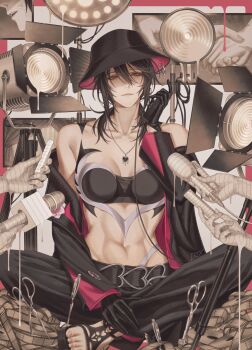 1girl 7nite abstract_background absurdres bandaged_hand bandaged_object bandages bare_shoulders belt black_belt black_coat black_footwear black_gloves black_hair black_hat black_pants black_tube_top cable coat collarbone commentary corded_phone deren_(path_to_nowhere) english_commentary fedora film_reel full_body gloves grey_eyes hair_between_eyes half-closed_eyes hand_up hat heart heart_belt heart_necklace heart_top highres holding holding_microphone holding_phone indian_style interview jewelry light_smile long_hair looking_at_viewer melting microphone midriff navel necklace off_shoulder pants path_to_nowhere phone sandals scissors signature sitting solo_focus stage_lights straight-on strapless toes toned toned_female tube_top two-sided_coat two-sided_fabric two-sided_headwear