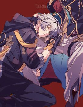 Rule 34 | 2boys, absurdres, artist name, aventurine (honkai: star rail), black boots, black coat, black gloves, black jacket, black pants, black shoes, black vest, boots, buttons, caelus (honkai: star rail), chair, closed mouth, coat, fingerless gloves, fingernails, from behind, gloves, gold ring, gold trim, grey hair, hair between eyes, hand on another's neck, highres, honkai: star rail, honkai (series), hood, hooded coat, hug, jacket, lapels, long sleeves, looking at another, male focus, multiple boys, on chair, open clothes, open jacket, pants, red background, rongyuan gulu, shoes, short hair, simple background, sitting, solo focus, spread legs, thigh strap, trailblazer (honkai: star rail), vest, watch, white pants, wristwatch, yaoi, yellow eyes