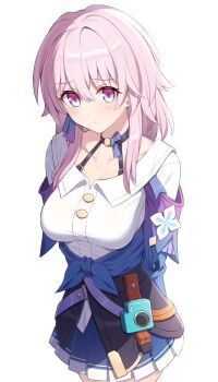 1girl arm_behind_back black_choker black_corset blue_eyes blue_jacket blue_skirt bra_strap buttons camera choker closed_mouth collarbone commentary_request corset cowboy_shot earrings flower_ornament gradient_clothes gradient_jacket highres honkai:_star_rail honkai_(series) jacket jewelry light_blush march_7th_(honkai:_star_rail) march_7th_(preservation)_(honkai:_star_rail) medium_hair miniskirt multicolored_eyes pink_eyes pink_hair pink_jacket pleated_skirt shirt simple_background single_earring skirt solo t@ke-g tied_jacket two-tone_eyes underbust white_background white_shirt