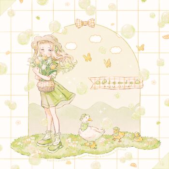 1girl animal artist_name baby_animal basket bird blonde_hair bouquet bow bug butterfly chick commentary_request covered_mouth dress duck floating_hair flower full_body grass green_dress green_eyes grid_background hat holding holding_basket holding_bouquet insect long_hair original picnic_basket pinafore_dress plaid_bow ryokuno_green shirt short_sleeves sleeveless sleeveless_dress sparkle spring_(season) standing sun_hat tulip watermark white_flower white_shirt white_tulip yellow_butterfly yellow_flower yellow_tulip