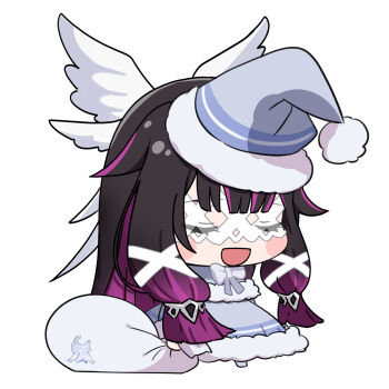 Rule 34 | 1girl, black hair, chibi, christmas, closed eyes, columbina (genshin impact), dress, genshin impact, gradient hair, grey dress, grey hat, hat, head wings, highres, holding, holding sack, koka12312, meme, multicolored hair, open mouth, padoru (meme), pink hair, sack, santa costume, santa hat, solo, streaked hair, white background, white mask, wings