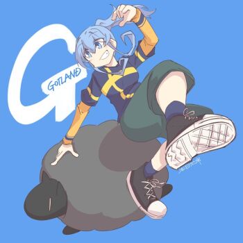 Rule 34 | 1girl, alternate costume, black shoes, blue background, blue shirt, commentary request, dancing, gotland (kancolle), grey pants, grin, honketsu, kantai collection, layered sleeves, long hair, long sleeves, pants, sheep, shirt, shoes, short over long sleeves, short sleeves, sidelocks, smile, sneakers