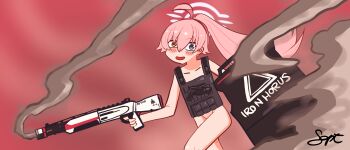 1girl absurdres ammunition ballistic_shield bare_arms bare_legs blue_archive blue_eyes blurry blurry_background blush bulletproof_vest commentary english_commentary exhibitionism gun hair_between_eyes halo highres holding holding_gun holding_shield holding_weapon hoshino_(armed)_(blue_archive) hoshino_(blue_archive) loli long_hair nude pink_hair pink_halo ponytail public_indecency red_background septentrio shield shirt shotgun smoke solo very_long_hair weapon yellow_eyes