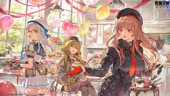3girls absurdres anis_(nikke) balloon beret breasts brown_hair chinese_commentary cleavage commentary_request counters_(nikke) gloves goddess_of_victory:_nikke green_eyes hat heart_balloon highres jacket large_breasts long_hair long_sleeves multicolored_gloves multiple_girls necktie neon_(nikke) official_art open_mouth rapi_(nikke) red-framed_eyewear red_eyes red_necktie semi-rimless_eyewear short_hair smile thighhighs two-tone_gloves white_hair yellow_eyes yellow_jacket