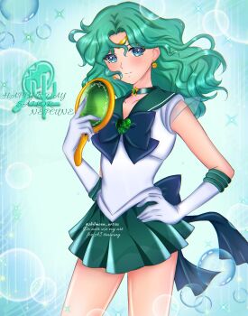 Rule 34 | 1girl, bishoujo senshi sailor moon, bishoujo senshi sailor moon stars, blue eyes, brooch, bubble, choker, deep aqua mirror, earrings, erni 1232, gloves, green sailor collar, green skirt, heart, heart brooch, highres, jewelry, kaiou michiru, long hair, neptune symbol, sailor collar, sailor neptune, sailor senshi uniform, skirt, solo, super sailor neptune, white gloves