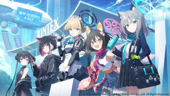 5girls animal_ear_fluff animal_ears apron bag black_bag black_dress black_gloves black_hair black_jacket black_skirt blonde_hair blue_archive blue_bow blue_eyes blue_halo blue_jacket blue_necktie blue_sailor_collar blue_scarf blue_skirt blush bottle bow bun_cover cat_ears cat_girl cellphone china_dress chinese_clothes closed_mouth colored_inner_animal_ears colored_inner_hair commentary_request cross_hair_ornament double_bun dragon_print dress extra_ears fang fox_ears fox_girl fox_tail gloves green_gloves grey_eyes grey_halo hair_between_eyes hair_bun hair_ornament halo hand_in_pocket higashigure highres holding holding_bag holding_bottle holding_phone holding_suitcase holster izuna_(blue_archive) jacket japanese_clothes kazusa_(blue_archive) kimono kisaki_(blue_archive) long_hair looking_at_viewer maid maid_apron maid_headdress multicolored_hair multiple_girls neckerchief necktie official_art open_clothes open_hand open_jacket open_mouth partially_fingerless_gloves phone pink_hair pink_halo pink_neckerchief pink_scarf plaid_clothes plaid_skirt pleated_skirt red_eyes sailor_collar sash scarf shiroko_(blue_archive) shirt short_hair sidelocks single_bare_shoulder single_glove skin_fang skirt sleeveless sleeveless_dress sleeveless_shirt smartphone suitcase tail thigh_holster toki_(blue_archive) twintails two-tone_hair v white_apron white_shirt wolf_ears wolf_girl yellow_eyes yellow_kimono yellow_sash