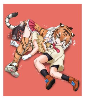 &gt;_&lt; 1boy 1girl ? adansosutega animal_ears animal_print arm_support arms_up bare_arms between_legs bike_shorts bike_shorts_under_shorts black_thighhighs blush breast_pocket brown_hair captain_(kemono_friends) cargo_shorts choke_hold clenched_hand collared_shirt detached_sleeves elbow_gloves embarrassed extra_ears fang femdom flying_sweatdrops full_body furrowed_brow garter_straps gloves hand_on_own_hip hetero highres hug kemono_friends kemono_friends_3 long_hair lying medium_hair miniskirt multicolored_hair necktie open_mouth orange_hair pocket print_thighhighs red_background scissorhold shirt shoes short_hair short_sleeves shorts shorts_under_shorts sidelocks simple_background skirt smile strangling streaked_hair struggling sumatran_tiger_(kemono_friends) sweat tail thighhighs tiger_ears tiger_girl tiger_print tiger_tail trembling white_gloves wrestling yellow_eyes zettai_ryouiki