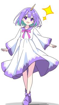 Rule 34 | 1girl, :d, blush, bow, bowtie, collarbone, commentary request, dot nose, dress, full body, highres, kotatsu-mazoku, long sleeves, looking at viewer, open mouth, original, pink bow, pink bowtie, purple eyes, purple hair, purple shoes, shoes, short hair, simple background, smile, solo, sparkle, standing, unicorn girl, unicorn horn, white background, white dress, wide sleeves