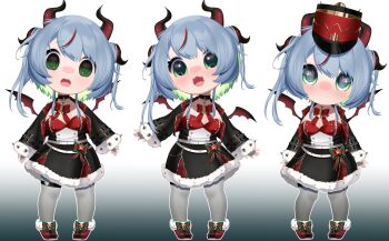 1girl :3 :d apricot_the_lich artist_request black_jacket black_panther black_skirt blue_hair chibi closed_mouth colored_inner_hair commentary demon_girl demon_horns demon_wings english_commentary green_eyes green_hair heart heart_o-ring highres horns indie_virtual_youtuber jacket looking_at_viewer multicolored_hair o-ring o-ring_thigh_strap official_alternate_costume official_art open_mouth panther skirt smile solo thigh_strap virtual_youtuber wings